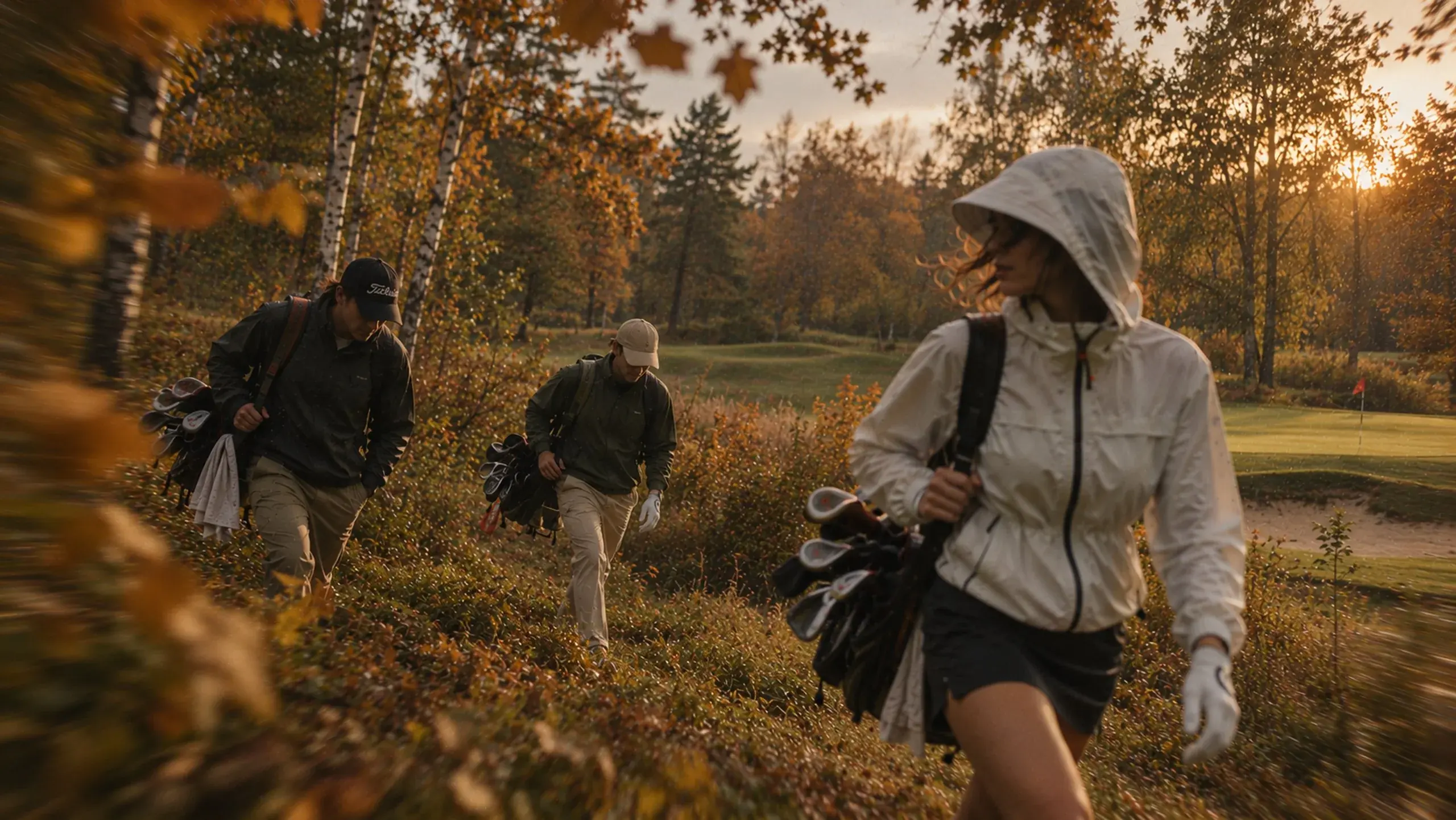 KI-generiertes Bild: Drei Golfer mit Tragebags laufen im Herbstlicht durch buntes Laub am Rand des Platzes, im Hintergrund ein Grün mit roter Fahne.