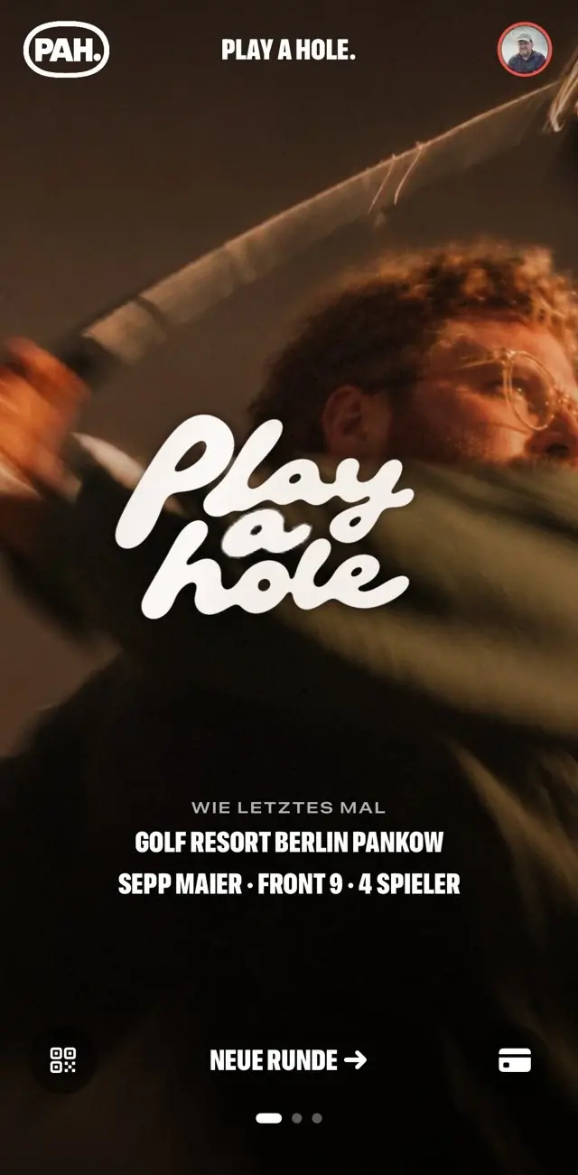 Pah! App: Startbildschirm mit Play-a-hole-Logo, letzter Runde und Neue Runde