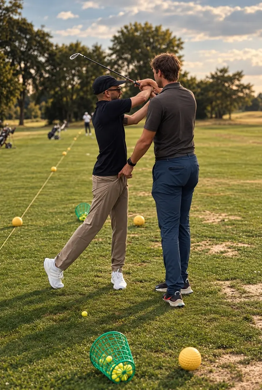 Zwei Golfer auf der Driving Range, einer zeigt dem anderen den Schwung.