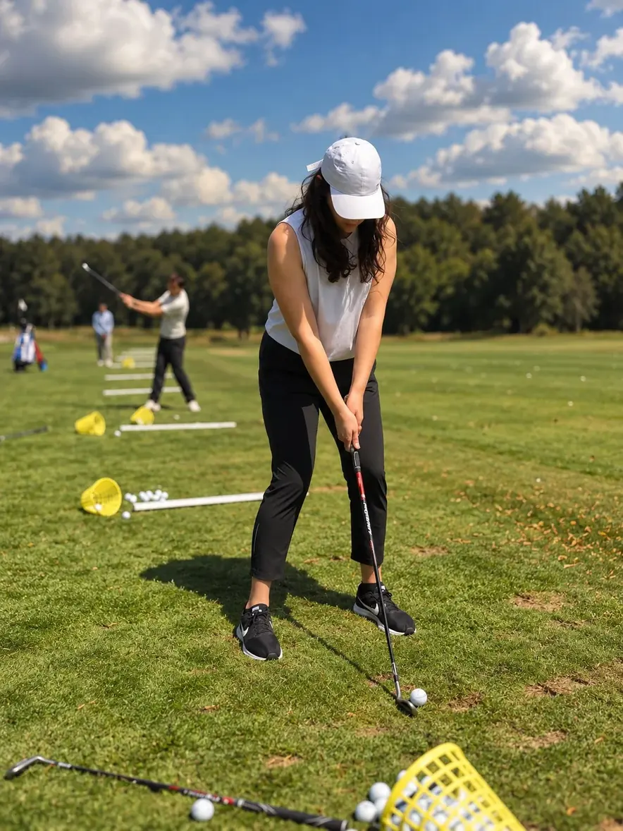 Golferin beim Abschlag auf der Driving Range, daneben gelbe Ballkörbe.