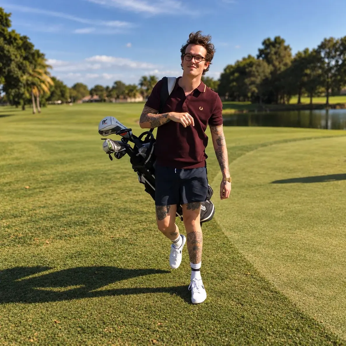 Golfer mit Brille und Tragebag läuft lachend übers Fairway.